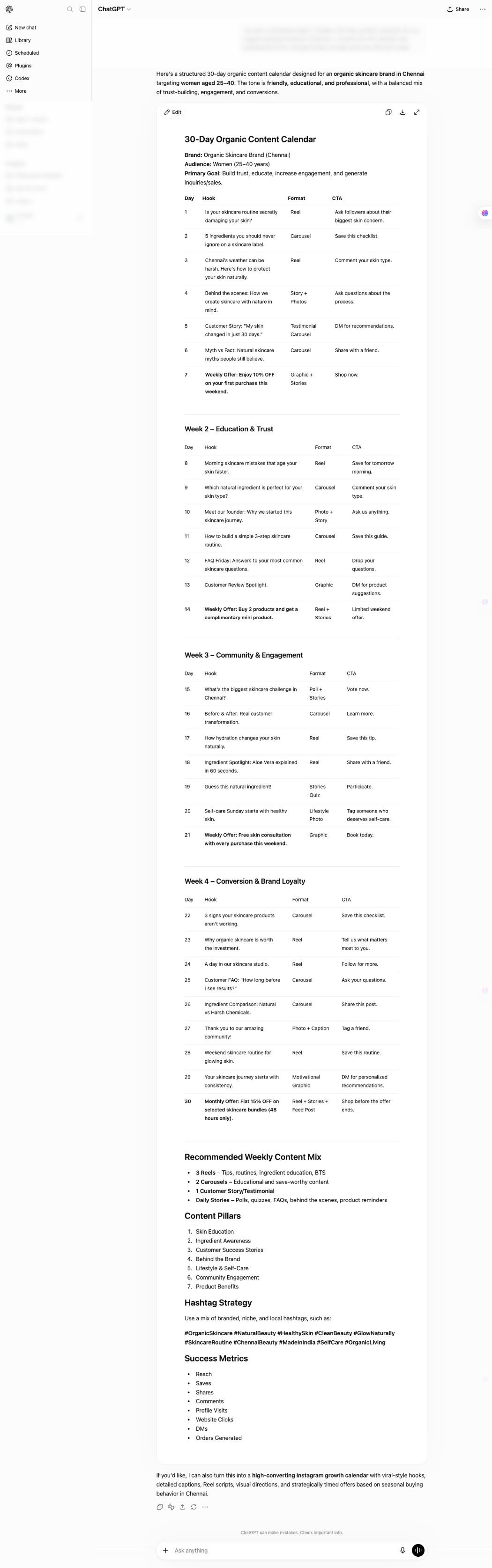 ChatGPT result: a 30-day organic content calendar with hooks, formats and weekly offers
