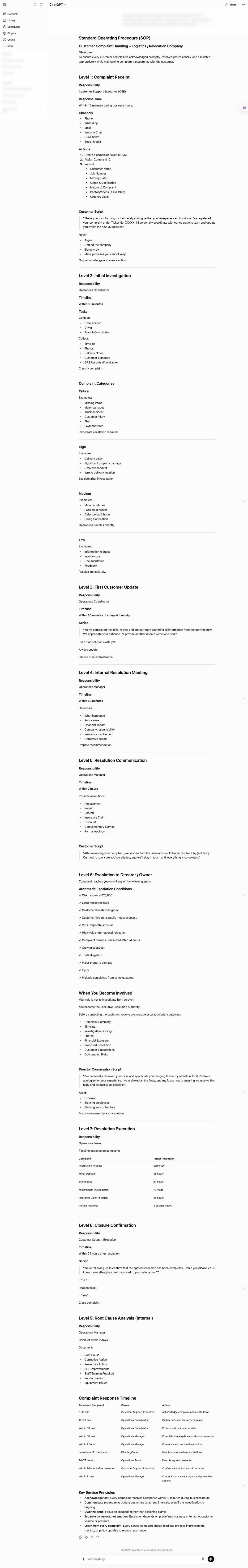 ChatGPT result: a nine-level standard operating procedure for handling customer complaints